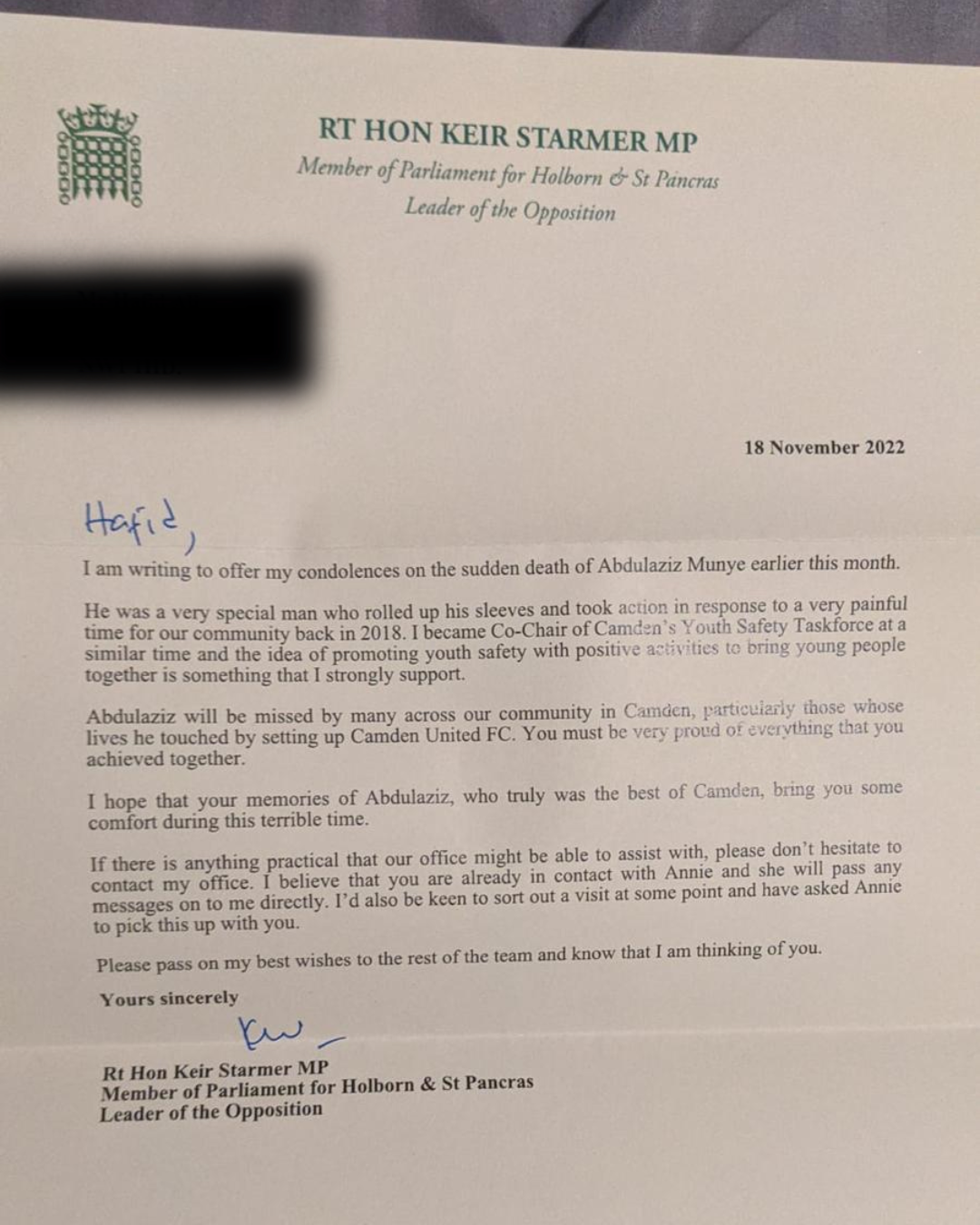 Letter of condolence from Keir Starmer MP following the death of Abdulaziz Munye